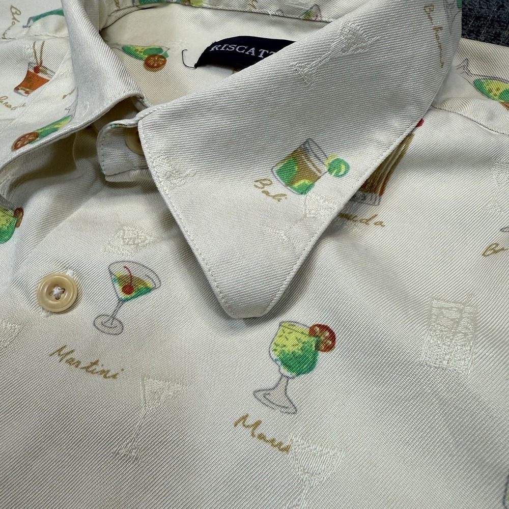 Riscatto‎ Hawaiian Shirt Men's XL Beige 100% Silk Cocktail Short Sleeve Camp